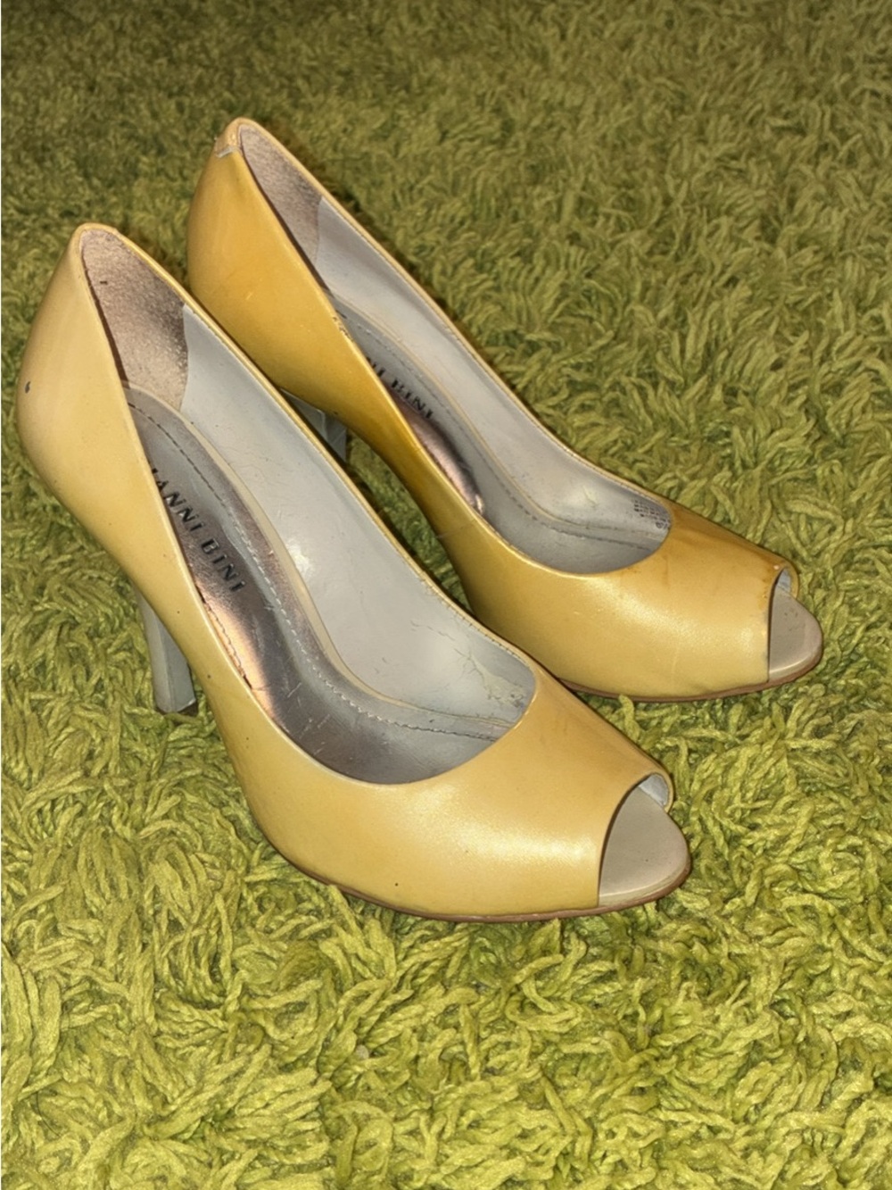 Gianni Bini Banana Yellow Patent Leather Style Peep-Toe Heels